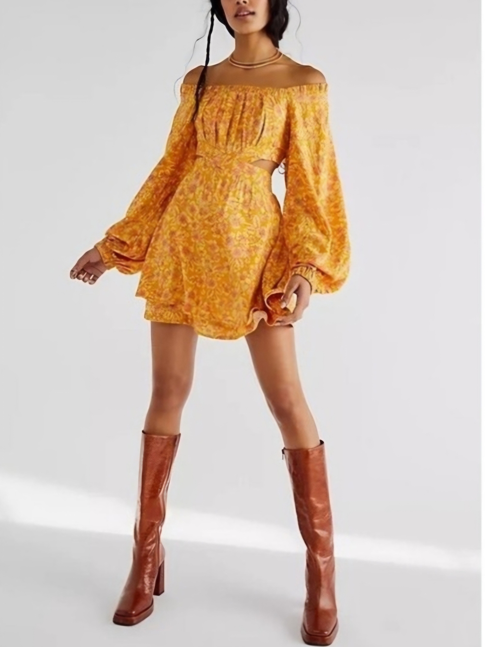 O Free People Golden Yellow Off-Shoulder Floral Mini Dress Medium